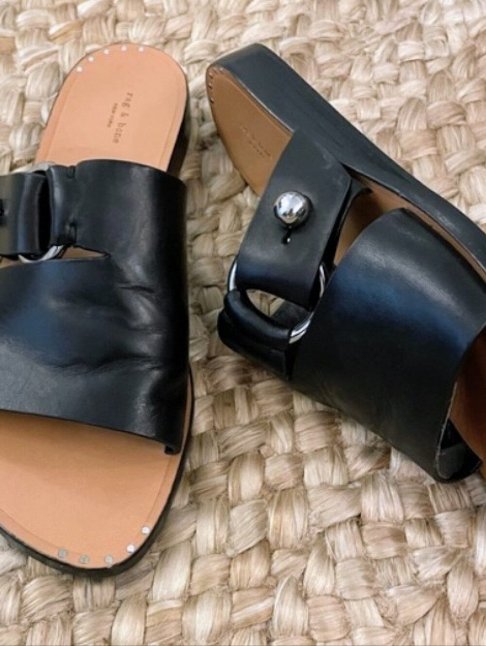 Rag & Bone Black Leather Slide Sandals with Silver Accent - Women 37/7 NIB